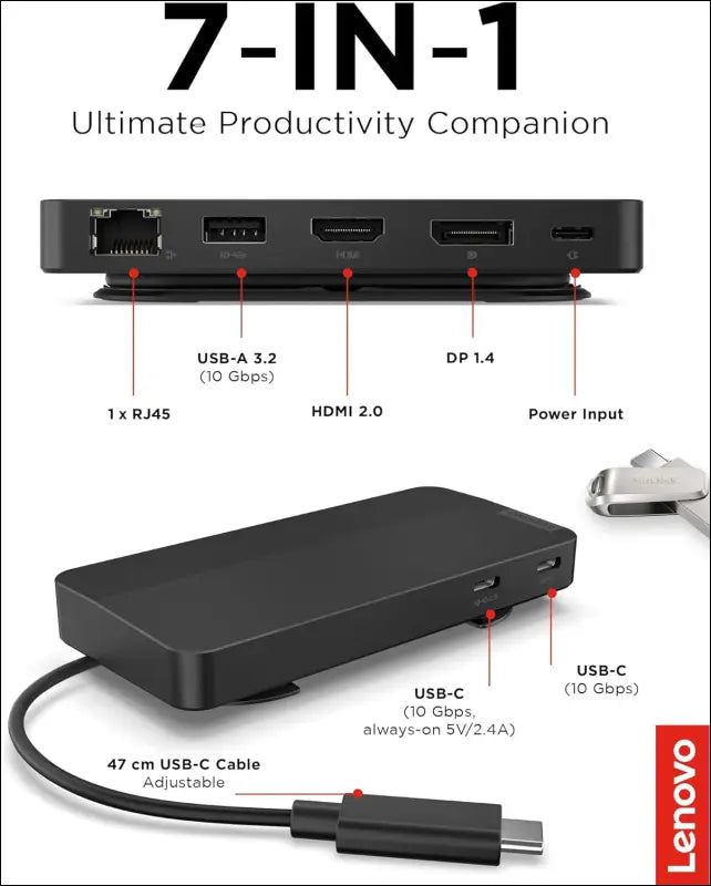 USB-C Dual Display Travel Dock, 7 Ports, HDMI & DP Ports Support Dual Displays at 4K, Up to 100W PD Pass Through, Integrated USB-C Cable, Black