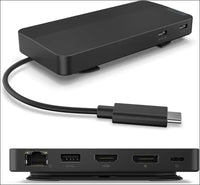 USB-C Dual Display Travel Dock, 7 Ports, HDMI & DP Ports Support Dual Displays at 4K, Up to 100W PD Pass Through, Integrated USB-C Cable, Black
