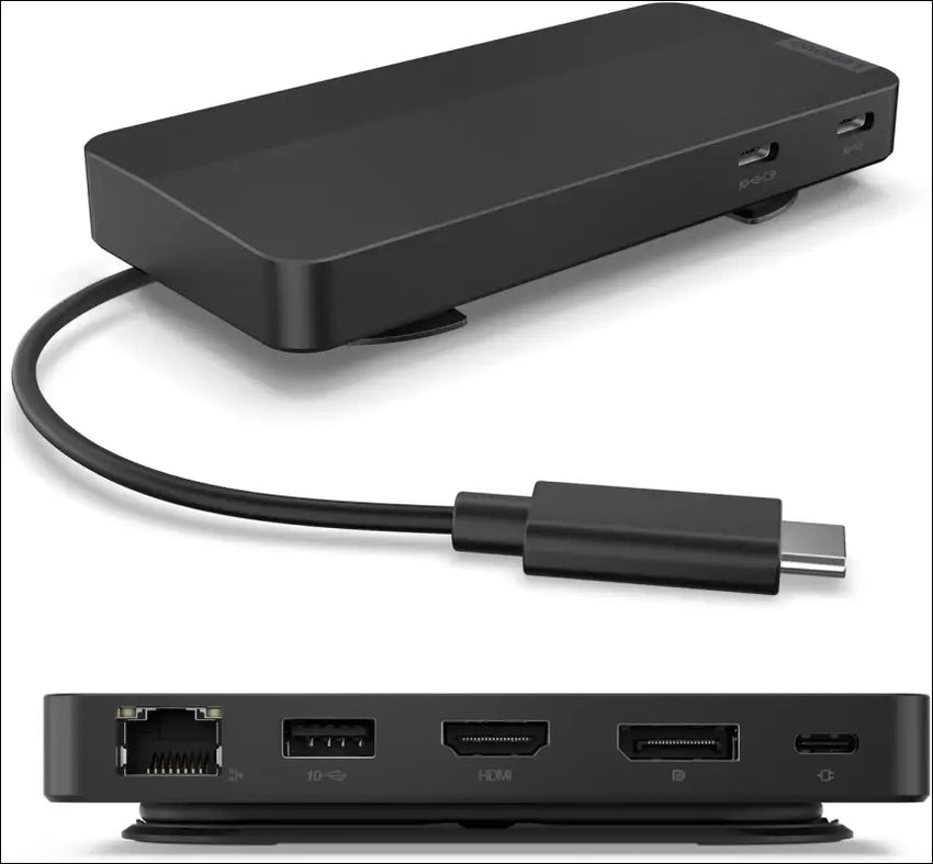 USB-C Dual Display Travel Dock, 7 Ports, HDMI & DP Ports Support Dual Displays at 4K, Up to 100W PD Pass Through, Integrated USB-C Cable, Black