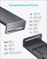 USB-C Hub, 10-in-1 Aluminum Monitor Stand with 100W PD, 5Gbps USB Ports, and 4K@60Hz HDMI Display, Built-in 3.3 ft Cable, Clutter-Free Desk for MacBook, Dell, and Full-Function USB-C Devices
