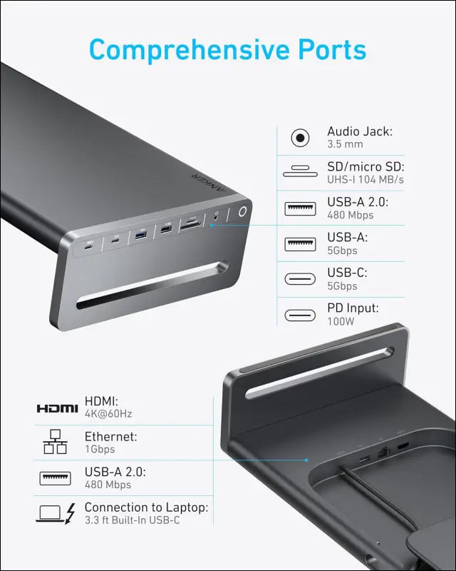 USB-C Hub, 10-in-1 Aluminum Monitor Stand with 100W PD, 5Gbps USB Ports, and 4K@60Hz HDMI Display, Built-in 3.3 ft Cable, Clutter-Free Desk for MacBook, Dell, and Full-Function USB-C Devices