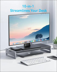 USB-C Hub, 10-in-1 Aluminum Monitor Stand with 100W PD, 5Gbps USB Ports, and 4K@60Hz HDMI Display, Built-in 3.3 ft Cable, Clutter-Free Desk for MacBook, Dell, and Full-Function USB-C Devices