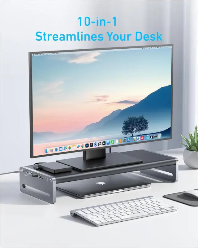USB-C Hub, 10-in-1 Aluminum Monitor Stand with 100W PD, 5Gbps USB Ports, and 4K@60Hz HDMI Display, Built-in 3.3 ft Cable, Clutter-Free Desk for MacBook, Dell, and Full-Function USB-C Devices