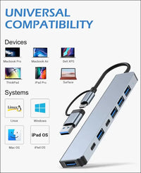 USB C Hub, 7 in 1 USB Splitter Multiport Adapter Type C Dock with (1*USB 3.0, 4*USB 2.0, 1*USB-C Charging, 1*USB-C Data Port) Multiple USB-Hub Compatible for MacBook,Laptop,Computer,iMac,iPad