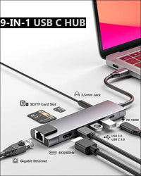 USB C Hub 9 in 1 Multiport Adapter w/Gigabit Ethernet, 100W PD, 4K@60Hz, 2 USB 3.0, USB C 3.0 Data, SD/TF Card Reader, 3.5mm Jack, Dongle Docking Station for MacBook Pro iPad Pro Steam Deck Laptops