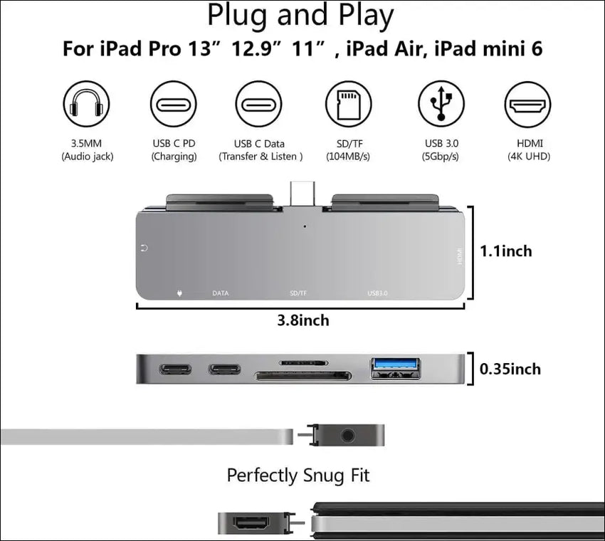 USB C Hub for iPad Pro M4 M2 M1 13 11 12.9,iPad Air, 7-in-1 USB C to 4K HDMI Adapter, 3.5mm Headphone Jack,USB C Docking Station PD Charging,USB 3.0,SD/Micro Card Reader, iPad Mini 6 Accessories