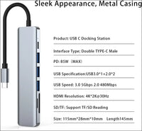 USB C Hub Laptop Docking Station, Multiport Adapter 7 in 1 Type C Hub HDMI,USB 3.0,USB 2.0 * 2,SD/TF,100W PD Charging Compatible for MacBook Pro/MacBook Air Dell/Surface/HP/Lenovo Laptops
