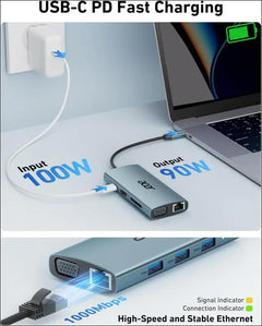 USB C Hub with 4k HDMI, 9-in-1 USB C Docking Station, 5Gbps USB-A 3.1 Data Ports, PD 100W Charging, SD/TF Card Reader, USB to VGA Splitter for MacBook, iPhone, Dell XPS,Laptops, Surface and More