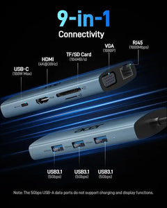 USB C Hub with 4k HDMI, 9-in-1 USB C Docking Station, 5Gbps USB-A 3.1 Data Ports, PD 100W Charging, SD/TF Card Reader, USB to VGA Splitter for MacBook, iPhone, Dell XPS,Laptops, Surface and More