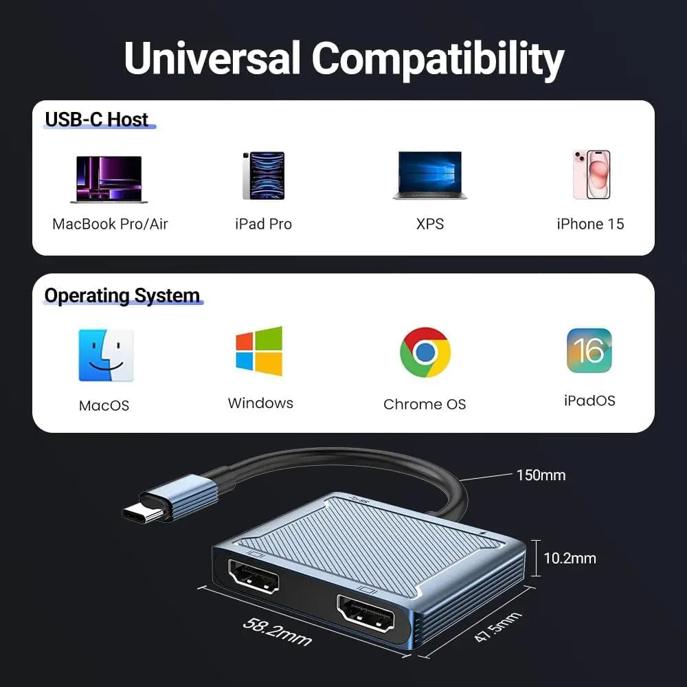 USB C to Dual HDMI Adapter, 4-in-1 USB Type C Hub with 2 HDMI/USB3.0/PD Charging, Dual Screen Display USB-C Docking Station Dual HDMI Adapter for 2 Monitors Compatible with Thunderbolt 3