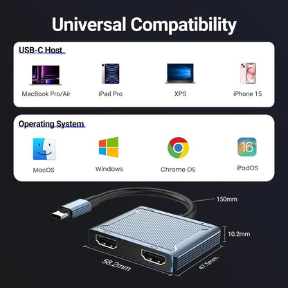 USB C to Dual HDMI Adapter, 4-in-1 USB Type C Hub with 2 HDMI/USB3.0/PD Charging, Dual Screen Display USB-C Docking Station Dual HDMI Adapter for 2 Monitors Compatible with Thunderbolt 3