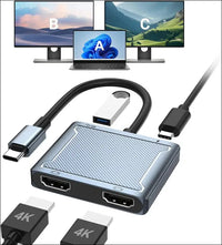 USB C to Dual HDMI Adapter, 4-in-1 USB Type C Hub with 2 HDMI/USB3.0/PD Charging, Dual Screen Display USB-C Docking Station Dual HDMI Adapter for 2 Monitors Compatible with Thunderbolt 3