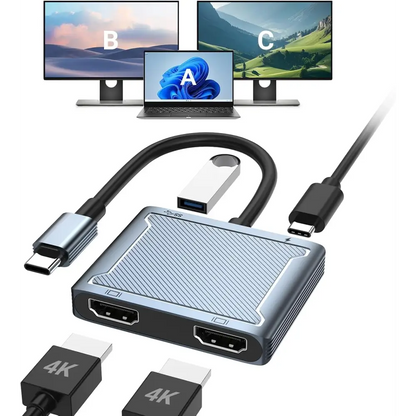 USB C to Dual HDMI Adapter, 4-in-1 USB Type C Hub with 2 HDMI/USB3.0/PD Charging, Dual Screen Display USB-C Docking Station Dual HDMI Adapter for 2 Monitors Compatible with Thunderbolt 3