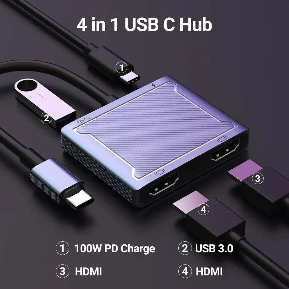 USB C to Dual HDMI Adapter, 4-in-1 USB Type C Hub with 2 HDMI/USB3.0/PD Charging, Dual Screen Display USB-C Docking Station Dual HDMI Adapter for 2 Monitors Compatible with Thunderbolt 3