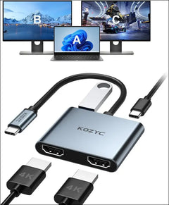 USB C to Dual HDMI Adapter 4K@30Hz,  USB C Hub with 2xHDMI, USB 3.0, 100W PD, USB-C to HDMI Splitter Extended Display for Windows(MST), macOS(Only SST), Compatible with MacBook Pro/Air, Dell XPS