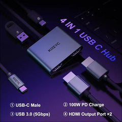 USB C to Dual HDMI Adapter 4K@30Hz,  USB C Hub with 2xHDMI, USB 3.0, 100W PD, USB-C to HDMI Splitter Extended Display for Windows(MST), macOS(Only SST), Compatible with MacBook Pro/Air, Dell XPS
