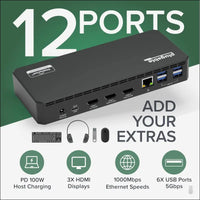 USB C Triple Display Docking Station with Laptop Charging, for Thunderbolt, USB4, or USB C Systems, Compatible with Windows, macOS, ChromeOS laptops (3x HDMI, 6x USB 5Gbps Ports, 100W USB PD)