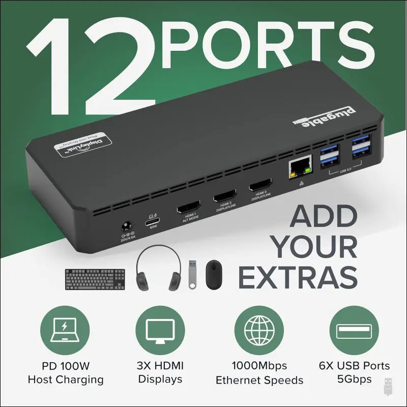 USB C Triple Display Docking Station with Laptop Charging, for Thunderbolt, USB4, or USB C Systems, Compatible with Windows, macOS, ChromeOS laptops (3x HDMI, 6x USB 5Gbps Ports, 100W USB PD)