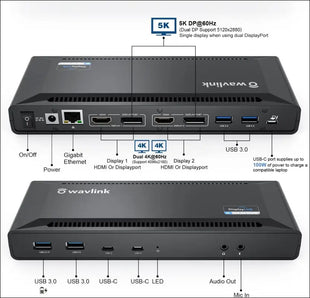 USB C Universal Docking Station with 100W Charging,  Single 5K/Dual 4K@60Hz Display USB C Dock with 2xDisplayPort 1.2, 2xHDMI 2.0, 6 USB 3.0, Gigabit Ethernet, Audio&Mic for Windows, MacOS