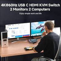 USB Type C Docking Station Dual Monitor KVM Switch 2 Monitors 2 Computers USB-C HDMI 5Gbps 4K@60Hz KVM Switch for Laptop & Desktop PC, 100W PD Charging, with Type-C 3.1 Gen2 Cable and Wired Remote