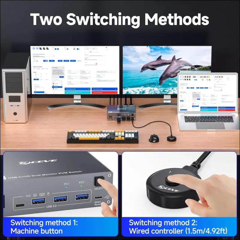 USB Type C Docking Station Dual Monitor KVM Switch 2 Monitors 2 Computers USB-C HDMI 5Gbps 4K@60Hz KVM Switch for Laptop & Desktop PC, 100W PD Charging, with Type-C 3.1 Gen2 Cable and Wired Remote