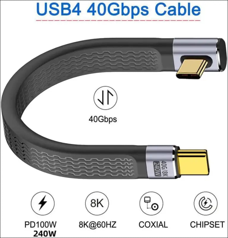 USB4 40Gbps 240W USB-C Male to Male Type-C 100W 8K Flat Slim FPC Data Low Profile Angled Cable for Laptop Phone 13Cm