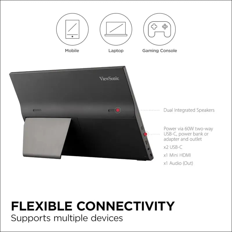 ViewSonic VA1655 15.6 Inch FHD 1080p IPS Portable Monitor with Mobile Tilt Ergonomics, 250nits, USB-C, Mini HDMI, Protective Case for PC Laptop Phone Tablet, Speaker, Lightweight