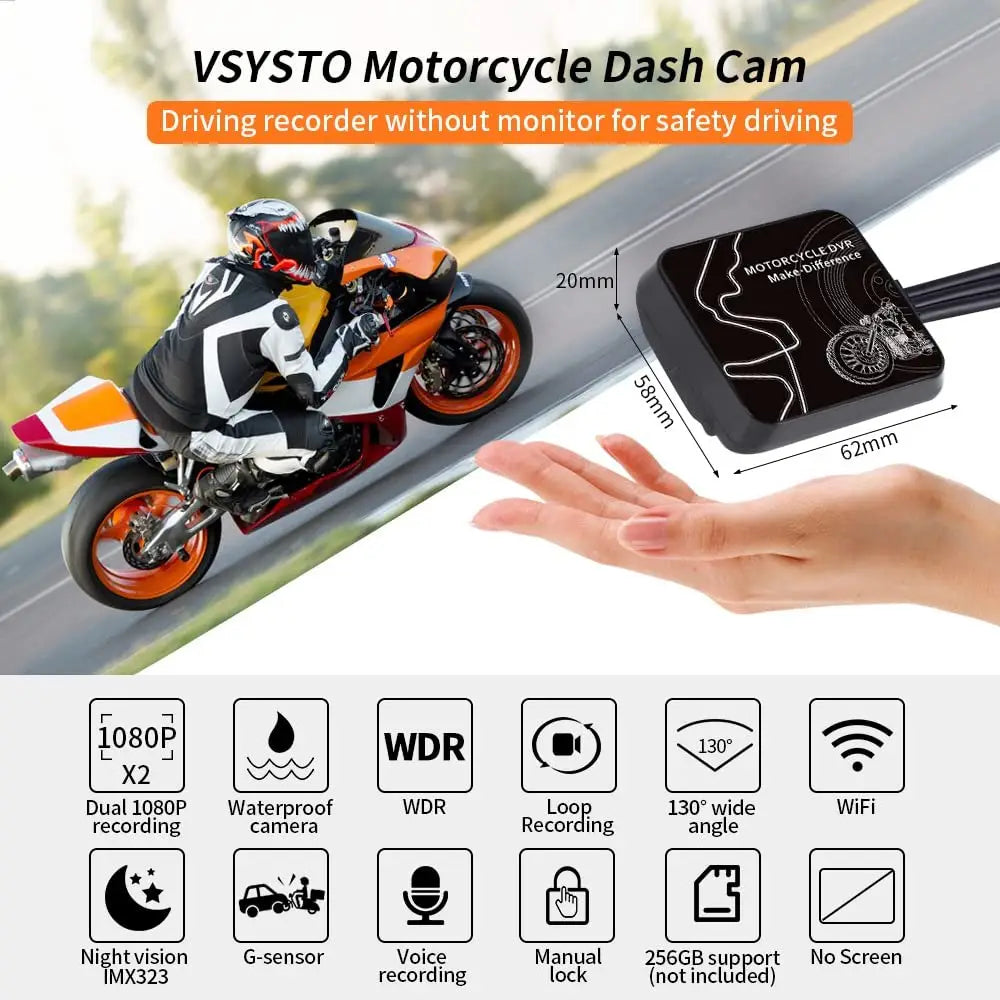VSYSTO Motorcycle Dash Cam 1080P Dual Lens Video Camera, No Screen Motorbike Camera Front and Rear 130° Wide Angle Action Camera with WiFi Wired Control WDR Max 256GB