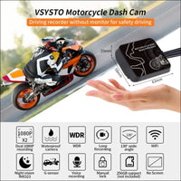VSYSTO Motorcycle Dash Cam 1080P Dual Lens Video Camera, No Screen Motorbike Camera Front and Rear 130° Wide Angle Action Camera with WiFi Wired Control WDR Max 256GB