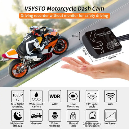 VSYSTO Motorcycle Dash Cam 1080P Dual Lens Video Camera, No Screen Motorbike Camera Front and Rear 130° Wide Angle Action Camera with WiFi Wired Control WDR Max 256GB