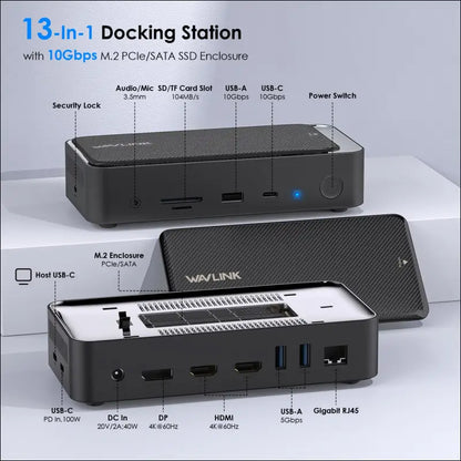 WAVLINK USB C Docking Station 3 Monitors 13 in 1 USB C Hub with 10Gbps M.2 PCIe/SATA SSD Enclosure Expands MacBook/Mac