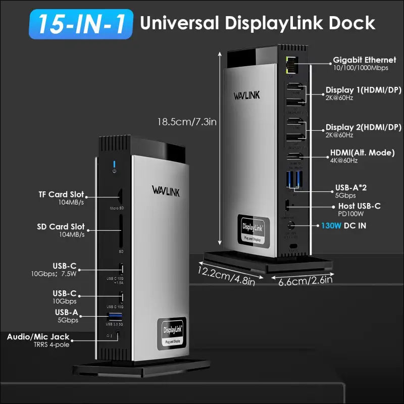 WAVLINK USB C Docking Station with 3 HDMI 15 in 1 Laptop Dock Triple Monitor 4K + Dual 2K 100W Charging for M1 M2 M3