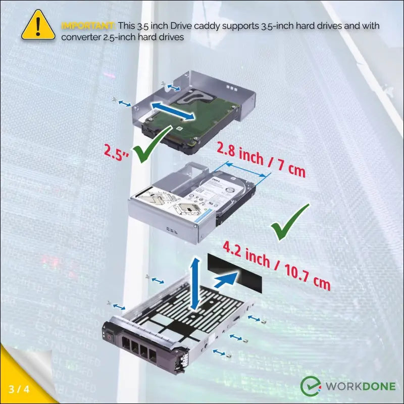 WorkDone 3 Pack - 3.5" Hard Drive Caddy with 2.5" Hard Drive Adapter - Compatible with Dell PowerEdge Server - Manual - Front Sticker - Screwdriver