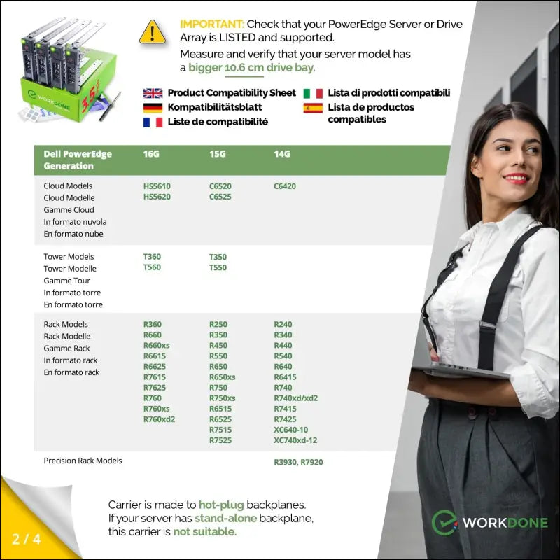 WORKDONE 4 Pack - 3.5" Hard Drive Caddy - Compatible with Dell PowerEdge Server - with Detailed Installation Manual - Front Sticker - Screwdriver